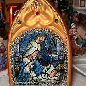 Gold & Blue Nativity Scene Glass Christmas Holiday Ornament Glitter Rhinestones